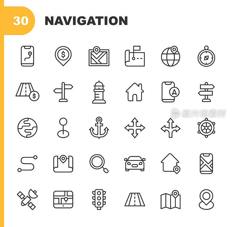 导航线图标。可编辑的中风。像素完美。移动和Web。包含汽车、城市、目的地、方向、距离、驾驶、地球仪、GPS、地图、路径、付款、道路、路线、卫星、旅游、交通、运输、旅行、车辆等图标。