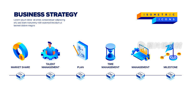 商业战略的矢量插图等距图标和三维横幅设计。商人，女商人，流程图，统计，解决方案，计划。
