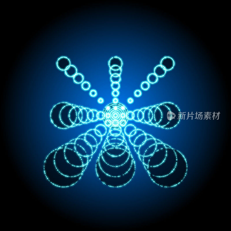 发光的蓝色蜻蜓剪影由发光的圆圈在黑暗的背景。