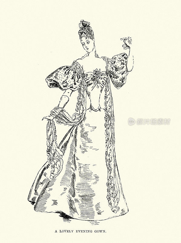 19世纪90年代的女性时尚，一件可爱的晚礼服，19世纪的时尚史