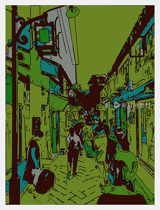 色彩勾勒风格的卡通海报插画，游客在古镇漫步