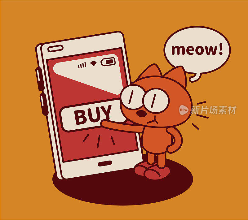 一只古怪可爱的小猫点击了智能手机大屏幕上的“购买”按钮