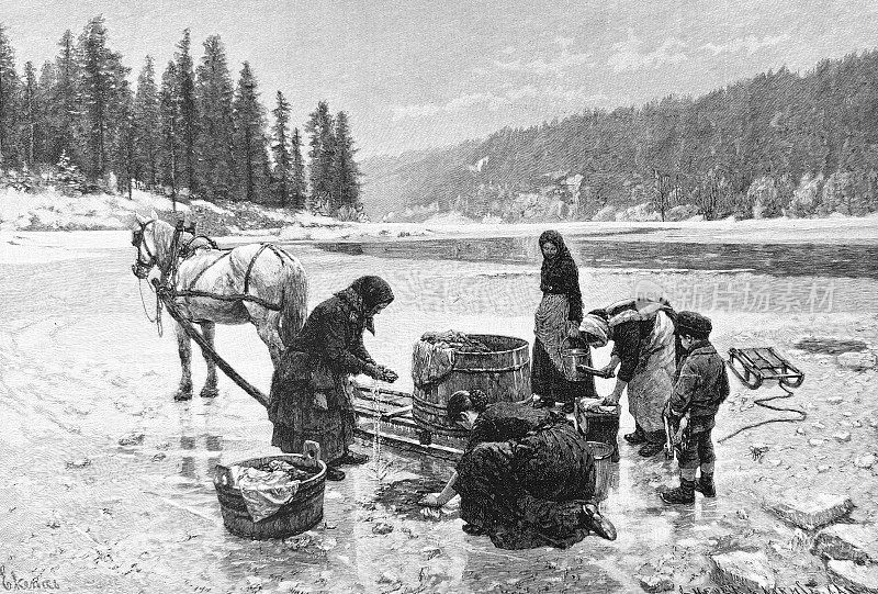 洗衣日在结冰的湖面上，大桶由一匹马拉到湖面上