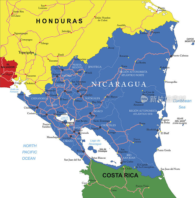 尼加拉瓜，洪都拉斯和哥斯达黎加的彩色地图