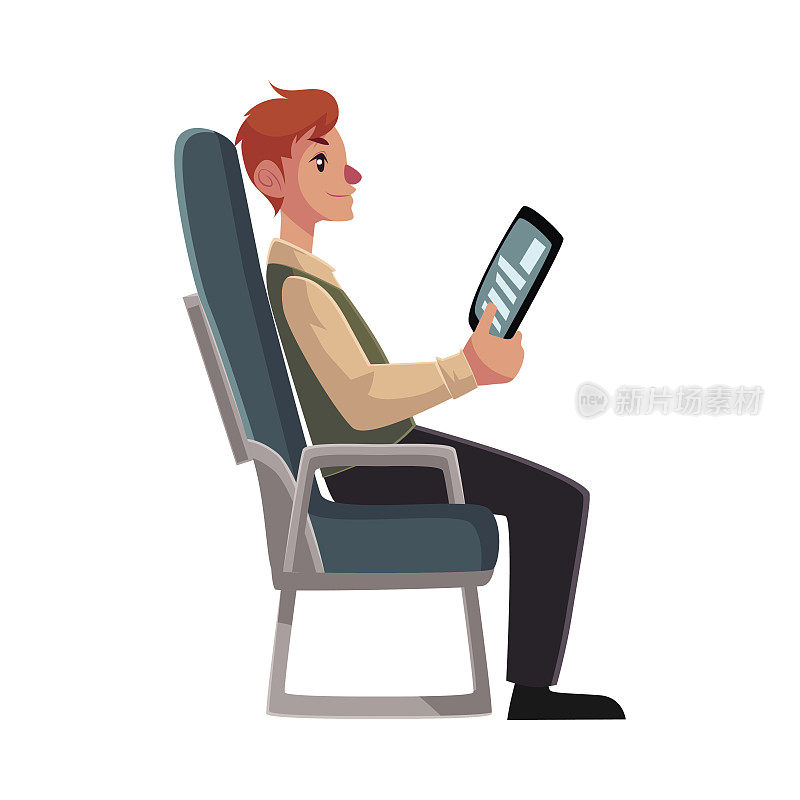 一个年轻人坐在飞机上，经济舱，手里拿着平板电脑