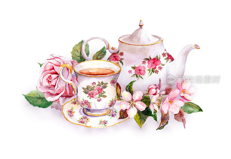 茶杯，茶壶，粉红色的花——玫瑰和樱花