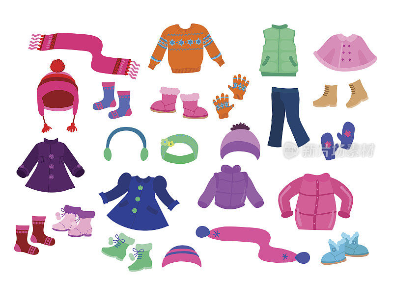 冬季服装系列为女孩-矢量插图。