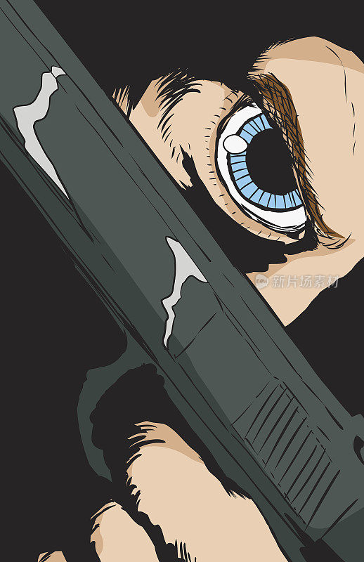 蓝眼睛的人拿着手枪靠近脸