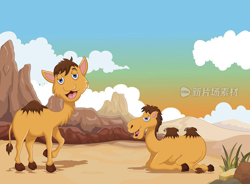 滑稽的双峰骆驼漫画以沙漠景观为背景