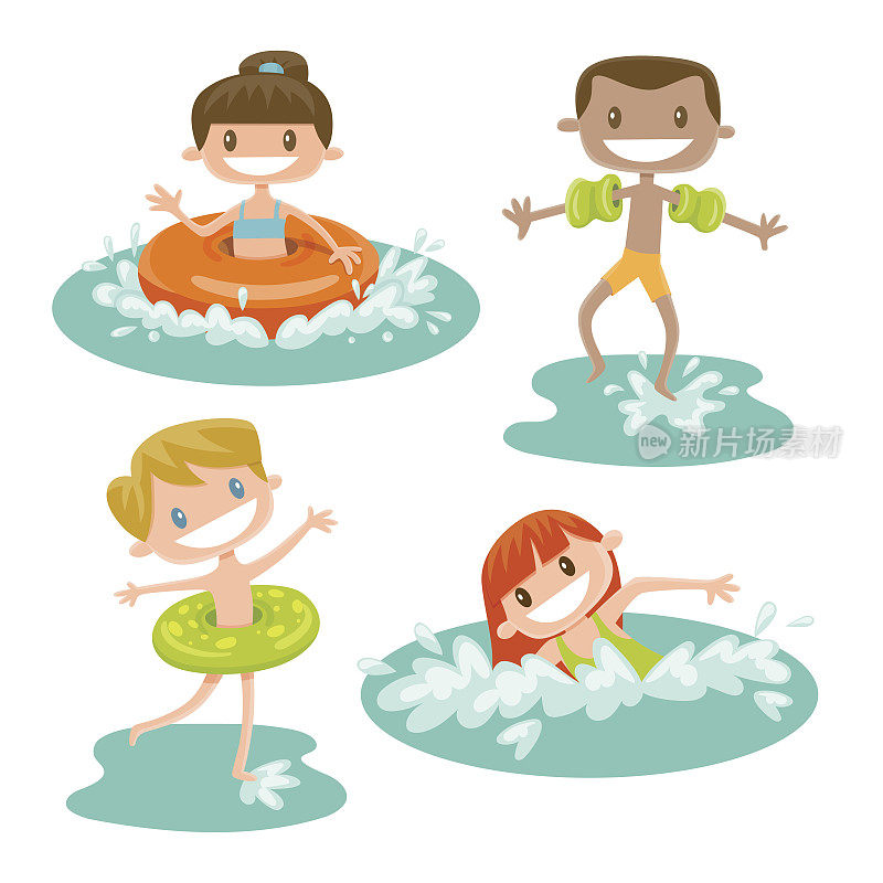 一组孤立的卡通孩子在海滩上玩耍。一个黑头发的女孩带着浮标游泳，一个穿着泳袖的黑人男孩，一个穿着浮标的金发男孩和一个红发的女孩在水里游泳。
