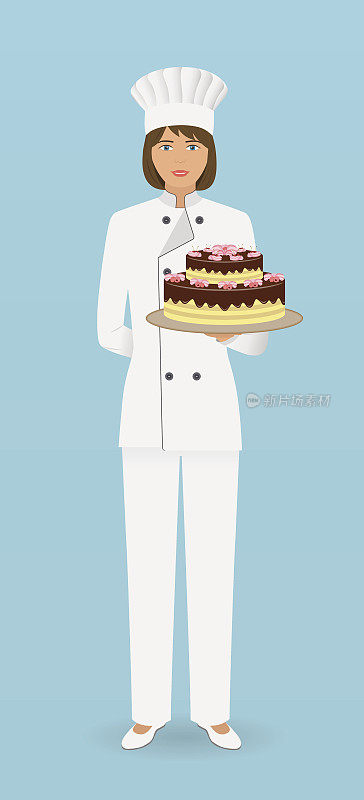 女糖果师角色站在制服和一个华丽的蛋糕。糕点师一手拿着漂亮的馅饼。