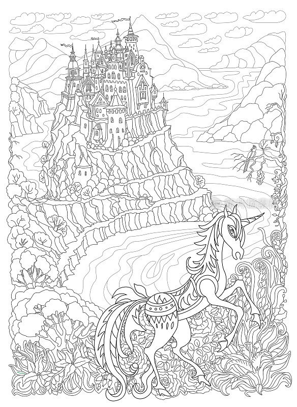 幻想的风景。童话中的独角兽马和山上的城堡。峡湾，精灵森林，花园玫瑰，百合。t恤打印。成人和儿童涂色书页。黑色和白色