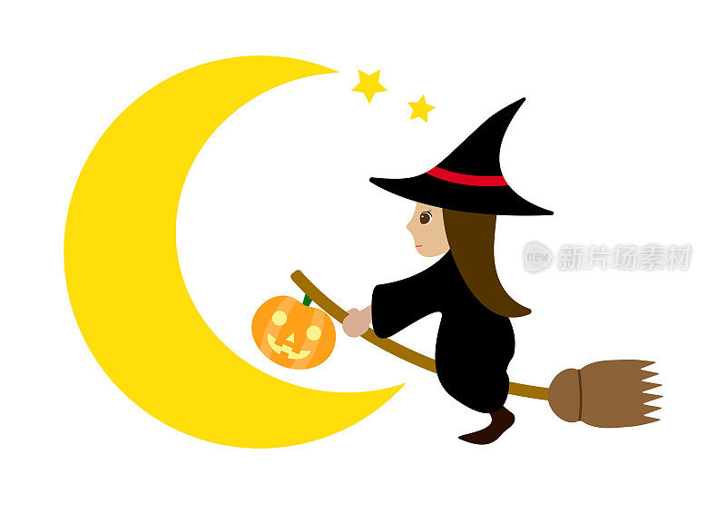 它是一弯新月和扫帚上的女巫的插图。