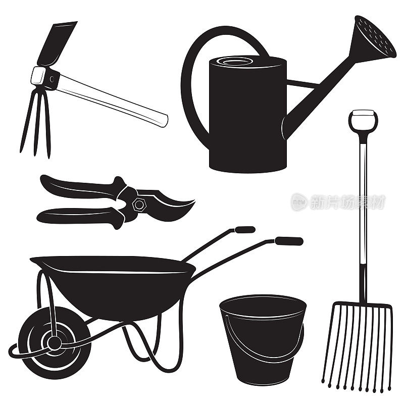园林工具的黑白插图:园林刀具，土豆叉，水桶，喷壶和独轮车。