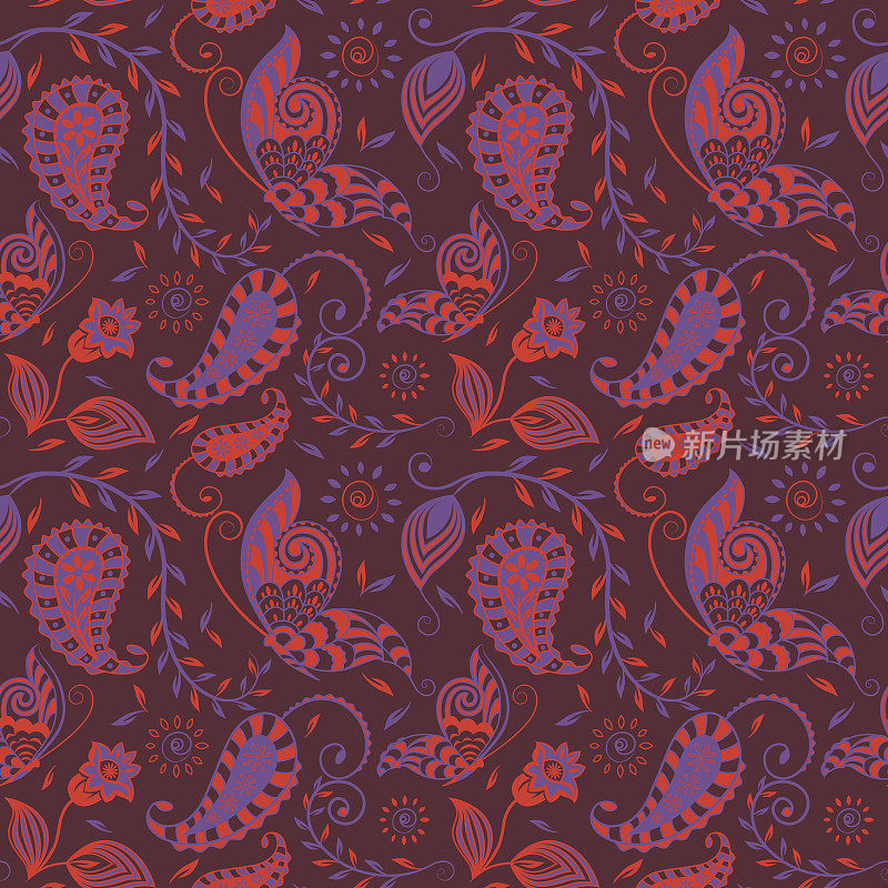 Seamless_Paisley_Floral_Vine_Butterfly_Repeat_Pattern_Dark_Tawny_Red_Purple