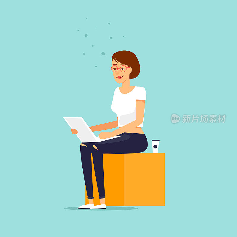 女孩坐在电脑前。业务角色。平面设计矢量插图。