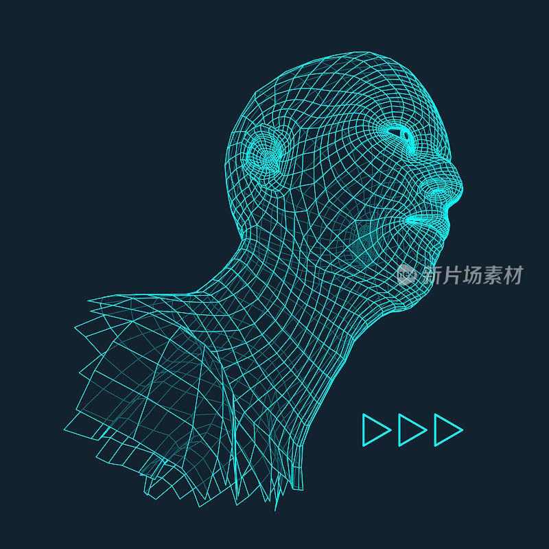从3d网格的人的头。人体头部电线模型。人类的多边形。面扫描。人头视图。三维几何脸设计。三维多边形覆盖皮肤。几何多边形人肖像。