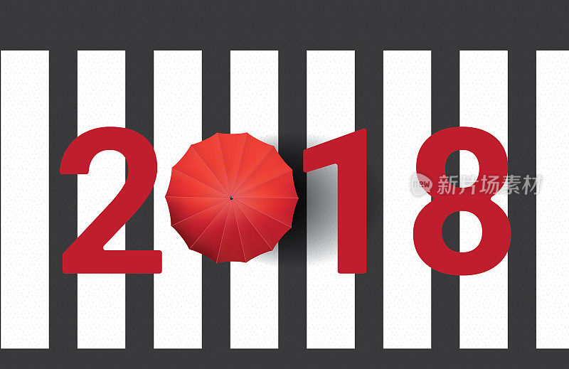 2018年新年独自走在人行横道上，红色雨伞背景插图