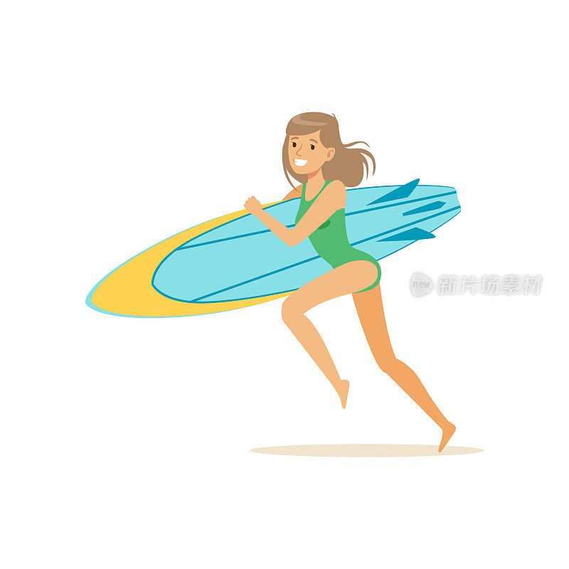 快乐的女孩在海滩上跑步与冲浪板，水极限运动，暑假矢量插图