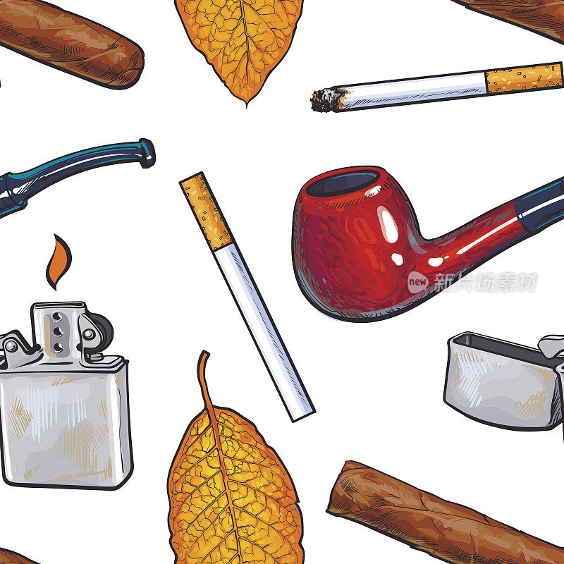 无缝图案的烟斗，打火机，雪茄，香烟，烟叶