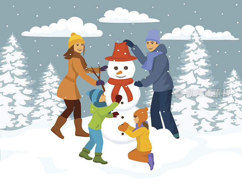 家庭堆雪人的场景，冬天雪森林公园的背景