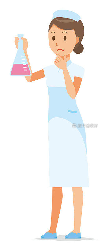 一个戴护士帽、穿白大褂的女护士拿着一个厄伦迈耶烧瓶