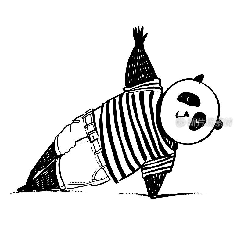 熊猫穿着t恤和牛仔裤站在滑板瑜伽姿势。黑白矢量插图。手绘站立熊猫