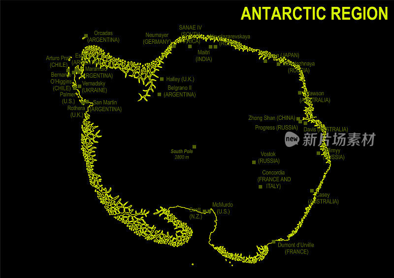 黑色背景下的南极洲霓虹灯地图