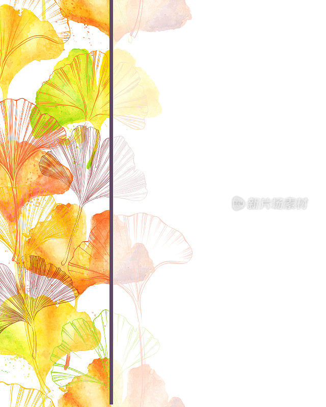 银杏叶墨水边界和水彩无缝模式-矢量插图
