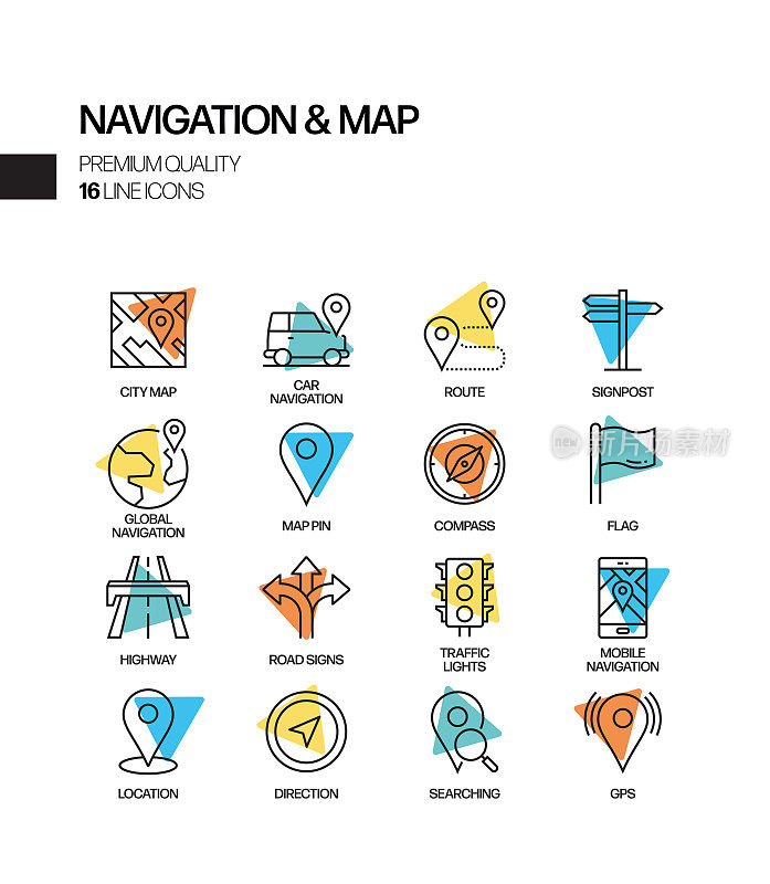 简单的导航和地图相关的聚光灯矢量线图标。大纲符号集合。