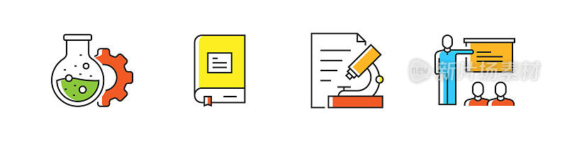 STEM教育相关的矢量线图标。大纲符号集合
