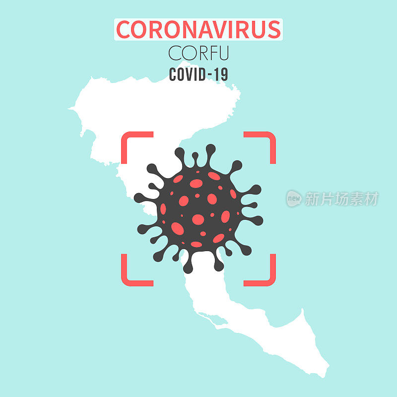 科孚地图，红色取景器为冠状病毒细胞(COVID-19)