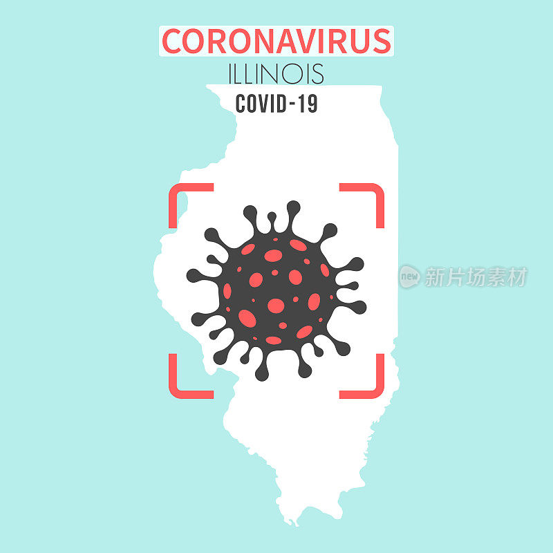 伊利诺伊州地图，红色取景器中有一个冠状病毒细胞(COVID-19)