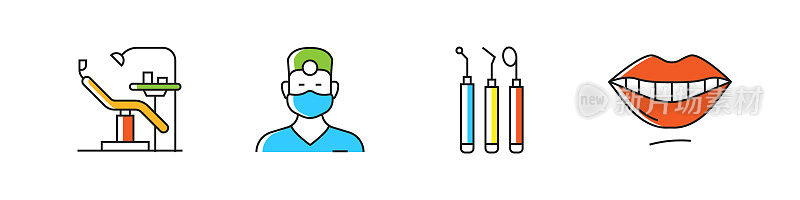 牙科相关矢量线图标。大纲符号集合