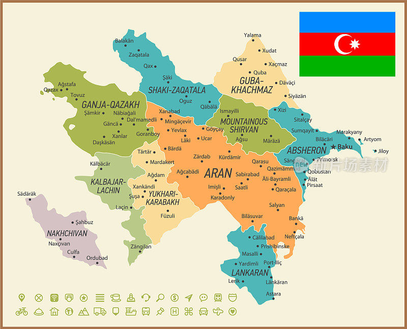 阿塞拜疆的古地图。矢量旧插图与地区，柔和的颜色，国旗和导航图标