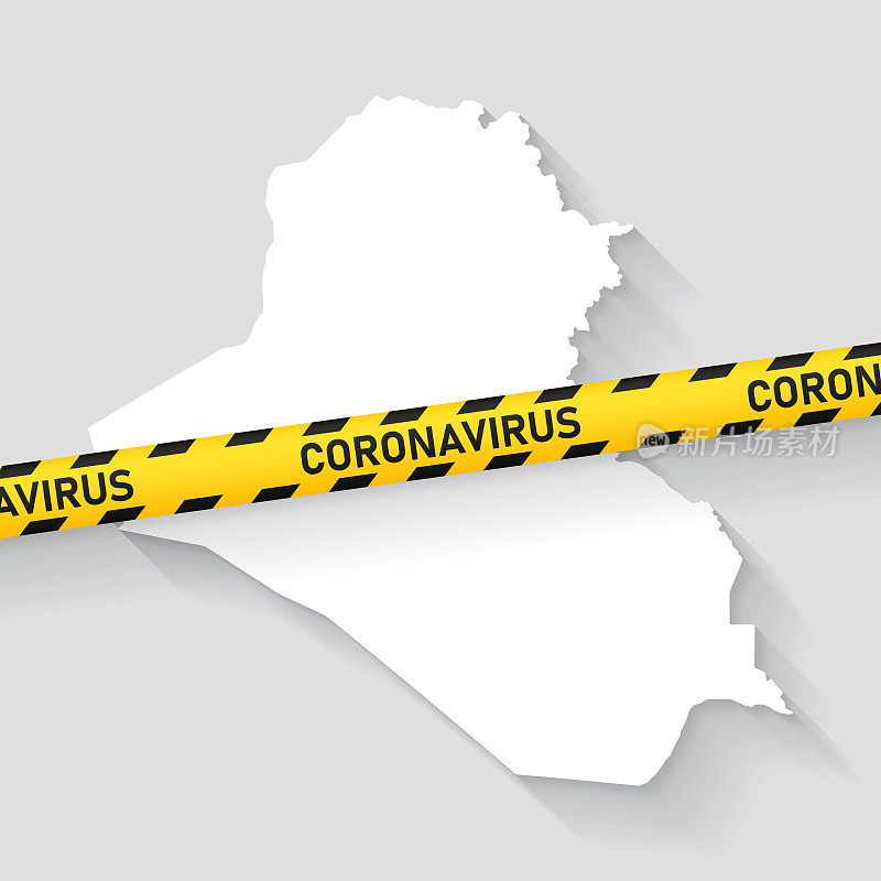 伊拉克地图与冠状病毒警告磁带。Covid-19爆发