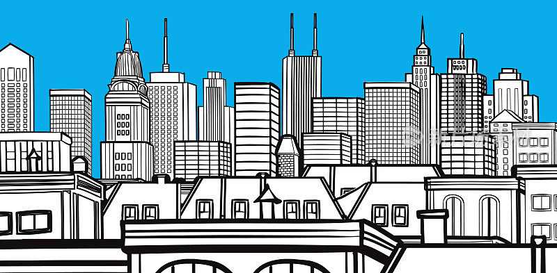 城市景观矢量插图绘制蓝、黑、白水平设计