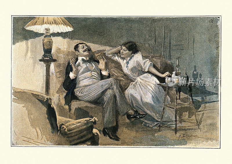 十九世纪九十年代，维多利亚时代的夫妻，晚上在家里放松