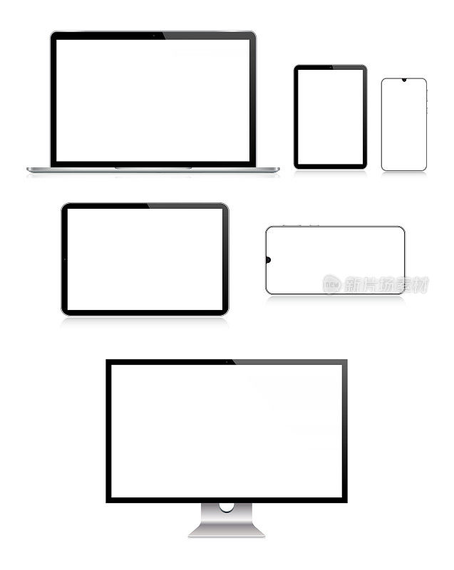 PC显示器，电视，笔记本电脑，平板电脑，智能手机，手机在黑色和银色反射，现实的矢量插图