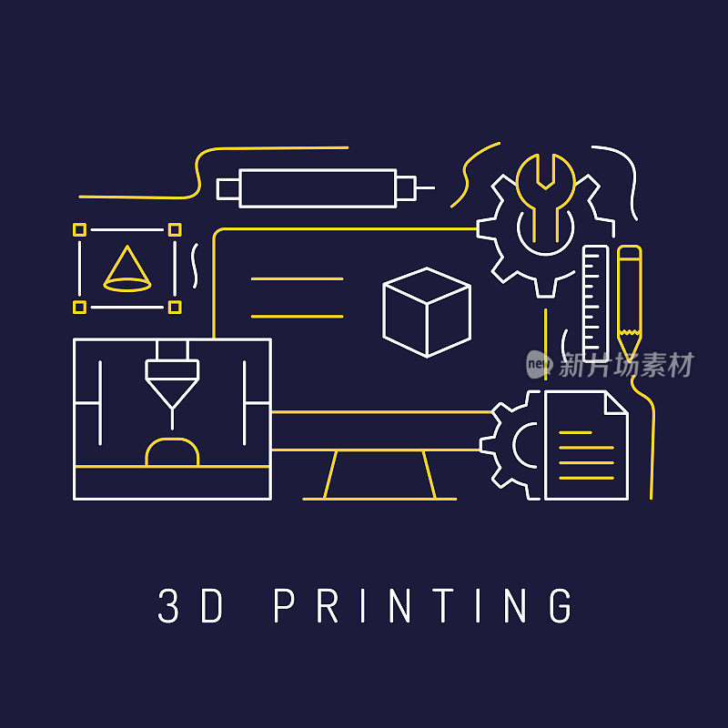 3D打印技术概念，现代线条艺术图标背景。线性风格矢量插图。