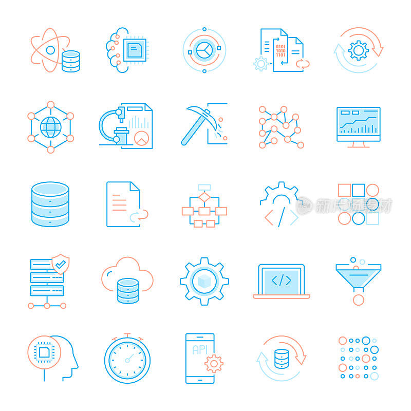 一组数据科学和数据分析相关的平线图标。简单轮廓符号图标。