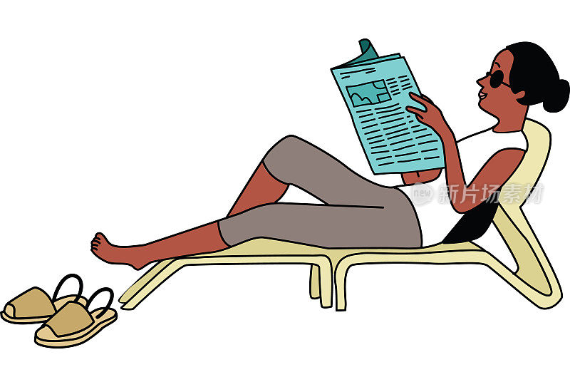 一个黑人妇女在吊床上看报纸