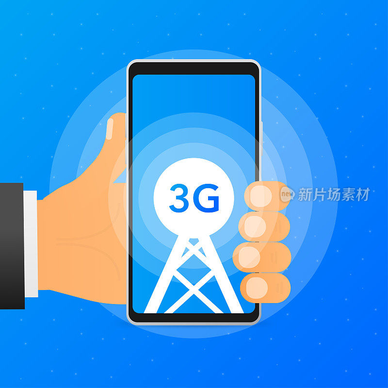 手持手机与塔显示可用的3G移动网络在蓝色背景。矢量插图。