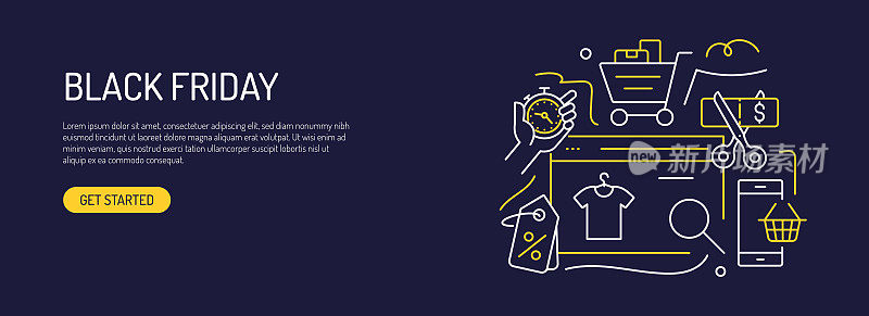 黑色星期五网页横幅线条风格。现代设计矢量插图的网页横幅，网站标题等。