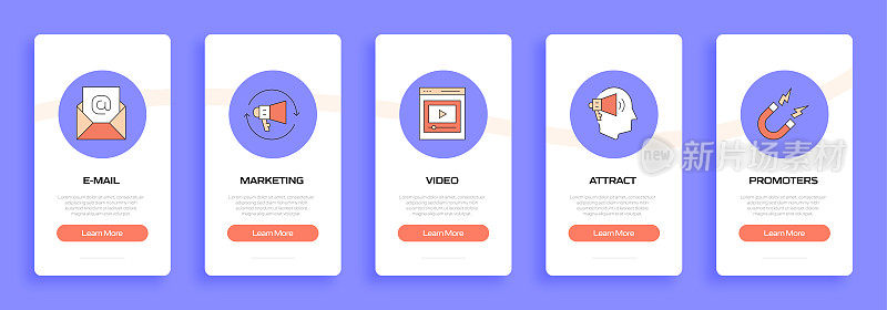 入站营销概念平板图标移动应用程序页面屏幕。用户体验，用户界面设计模板矢量插图