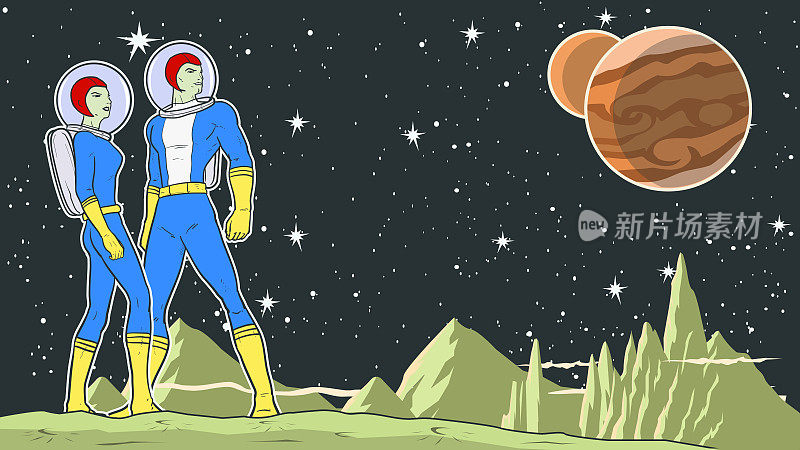 矢量复古原子朋克宇航员超级英雄夫妇在太空库存插图
