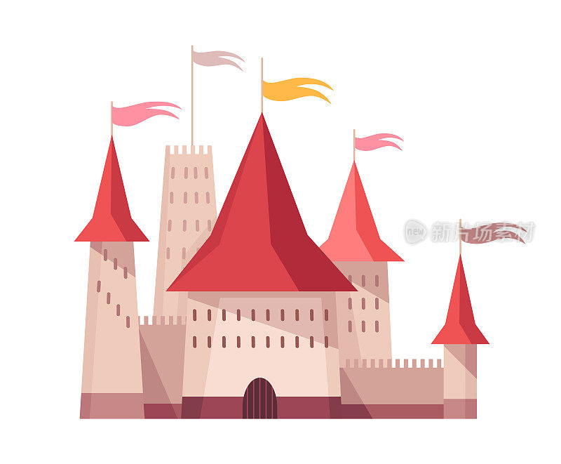 中世纪王国的性格。中世纪历史时期的童话城堡。矢量建筑外观设计