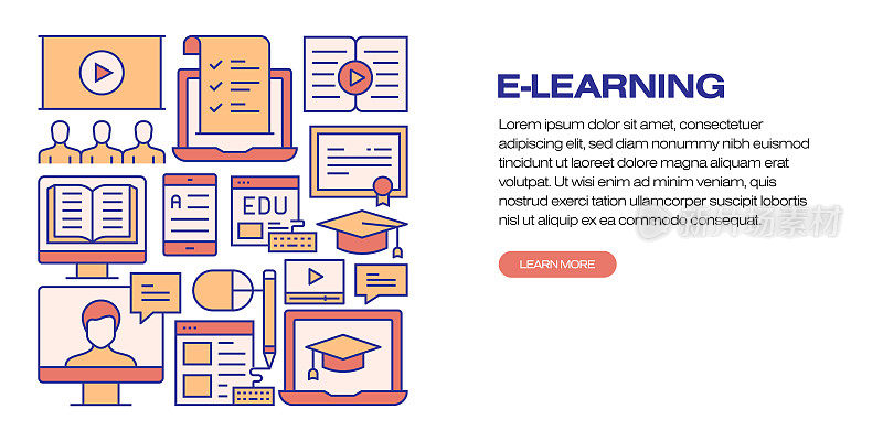 电子学习，在线教育和远程教育相关的现代矢量插图