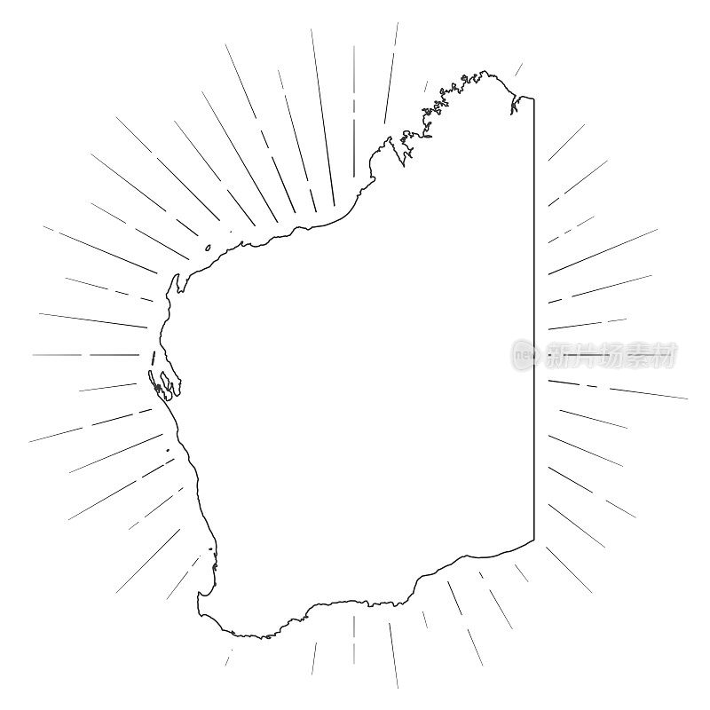 西澳大利亚地图与阳光在白色的背景