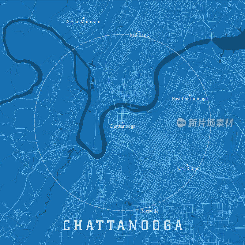 查塔努加TN城市矢量道路地图蓝色文本